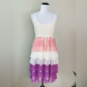 NEW J Gee Boutique Women's Crochet Tulle Dress Pink Cream Plum sz Petite Large